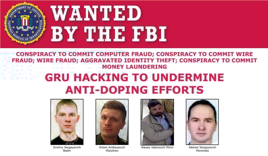 Seven suspected agents of Russia's GRU on a FBI ‘Wanted’ poster after being indicted for hacking. Photo: AFP