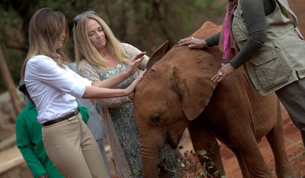 Melania Trump, accompanied by David Sheldrick Wildlife Trust CEO Angela Sheldrick, at an elephant orphanage in Nairobi. Photo: Reuters