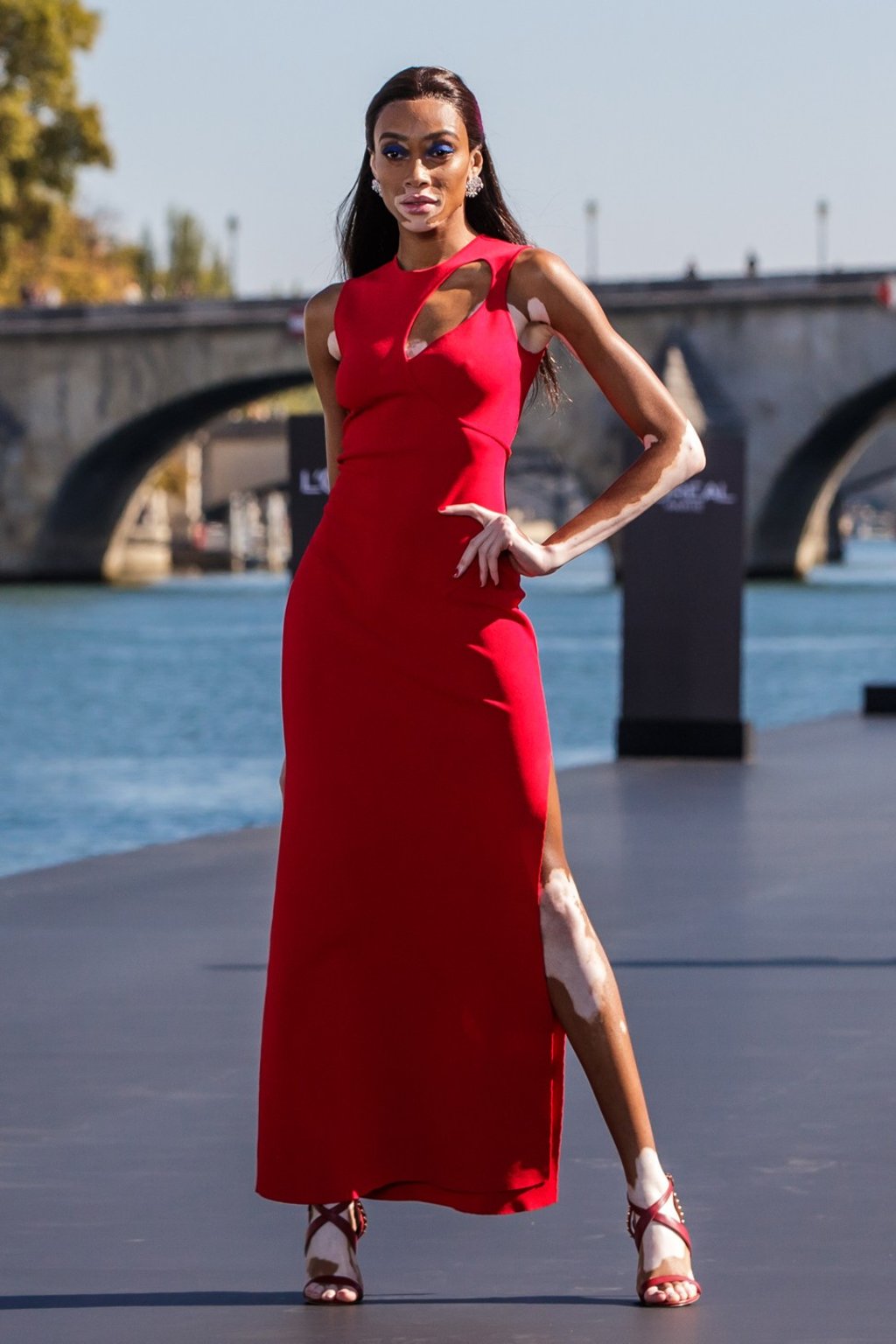 Canadian supermodel Winnie Harlow presents a creation during the spring/summer 2019 collection show on the River Seine organised by L’Oréal during Paris Fashion Week on Sunday. Photo: EPA-EFE