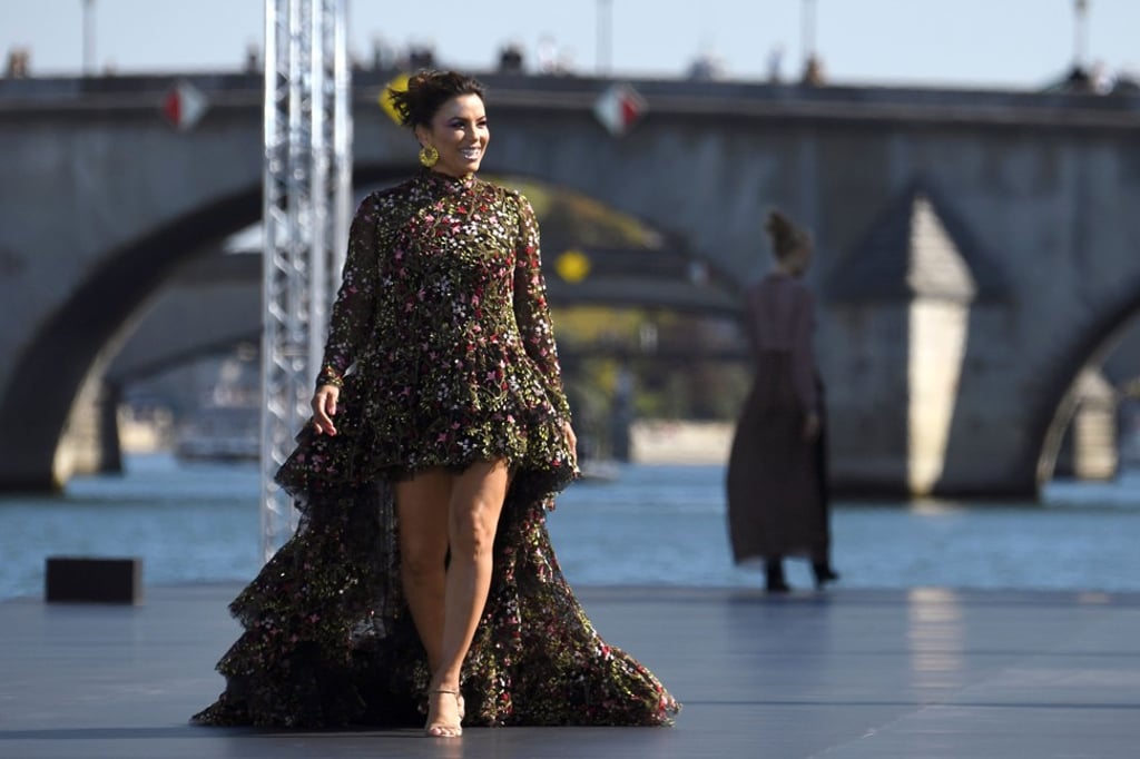American actress Eva Longoria presents a creation during Sunday’s L’Oréal-organised spring/summer 2019 collection show at Paris Fashion Week, which featured creations by 14 brands, including Miu Miu and Off-White. Photo: AFP