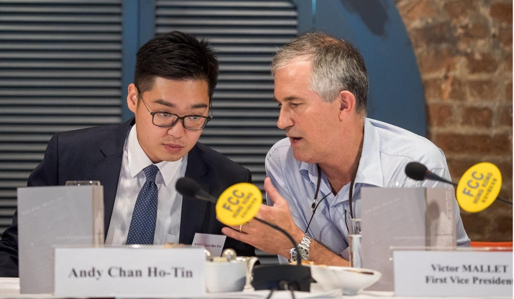 The visa decision has been seen as closely linked to Mallet (right) chairing a lunch talk by Hong Kong National Party convenor Andy Chan Ho-tin (left) in August. Photo: Bloomberg The visa decision has been seen as closely linked to Mallet (right) chairing a lunch talk by Hong Kong National Party convenor Andy Chan Ho-tin (left) in August. Photo: Bloomberg