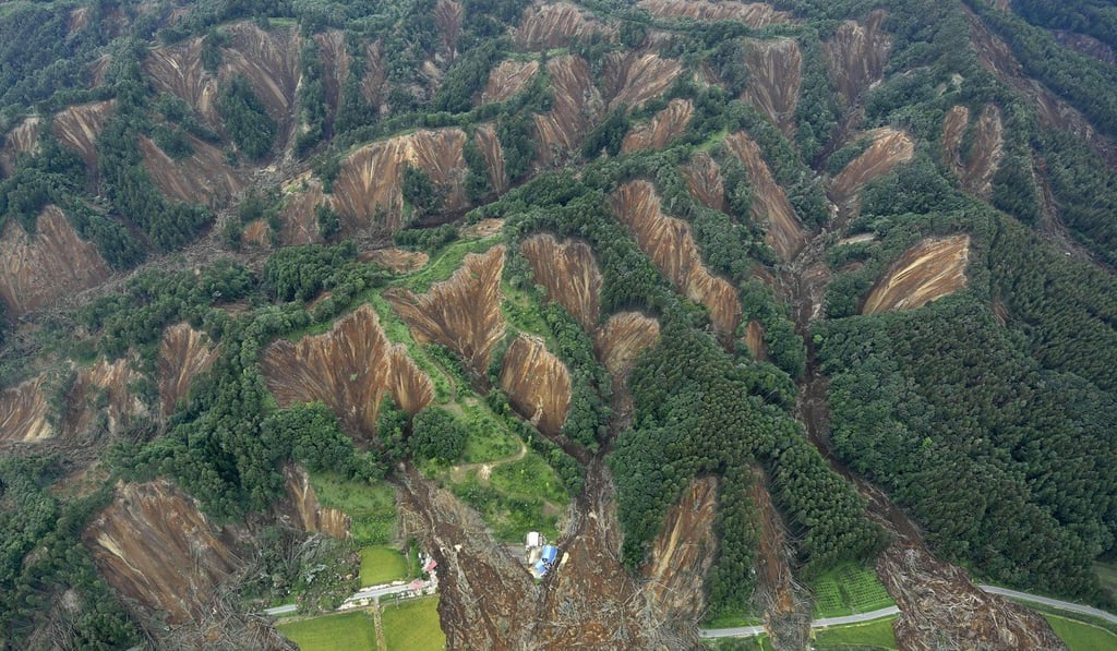 Landslides are seen after the earthquake in Atsuma, Hokkaido, northern Japan in September. Technology firms are being sold out of batteries, hand-cranked radios and other old technologies as people prep for future disasters. Photo: Kyodo Landslides are seen after the earthquake in Atsuma, Hokkaido, northern Japan in September. Technology firms are being sold out of batteries, hand-cranked radios and other old technologies as people prep for future disasters. Photo: Kyodo