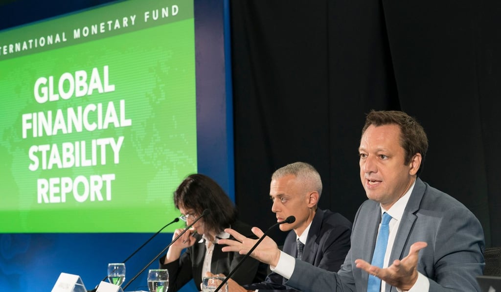 Tobias Adrian (r), the financial economic counsellor and director of the IMF’s Monetary and Capital Markets Department, presents the Global Financial Stability Report. Photo: IMF Tobias Adrian (r), the financial economic counsellor and director of the IMF’s Monetary and Capital Markets Department, presents the Global Financial Stability Report. Photo: IMF