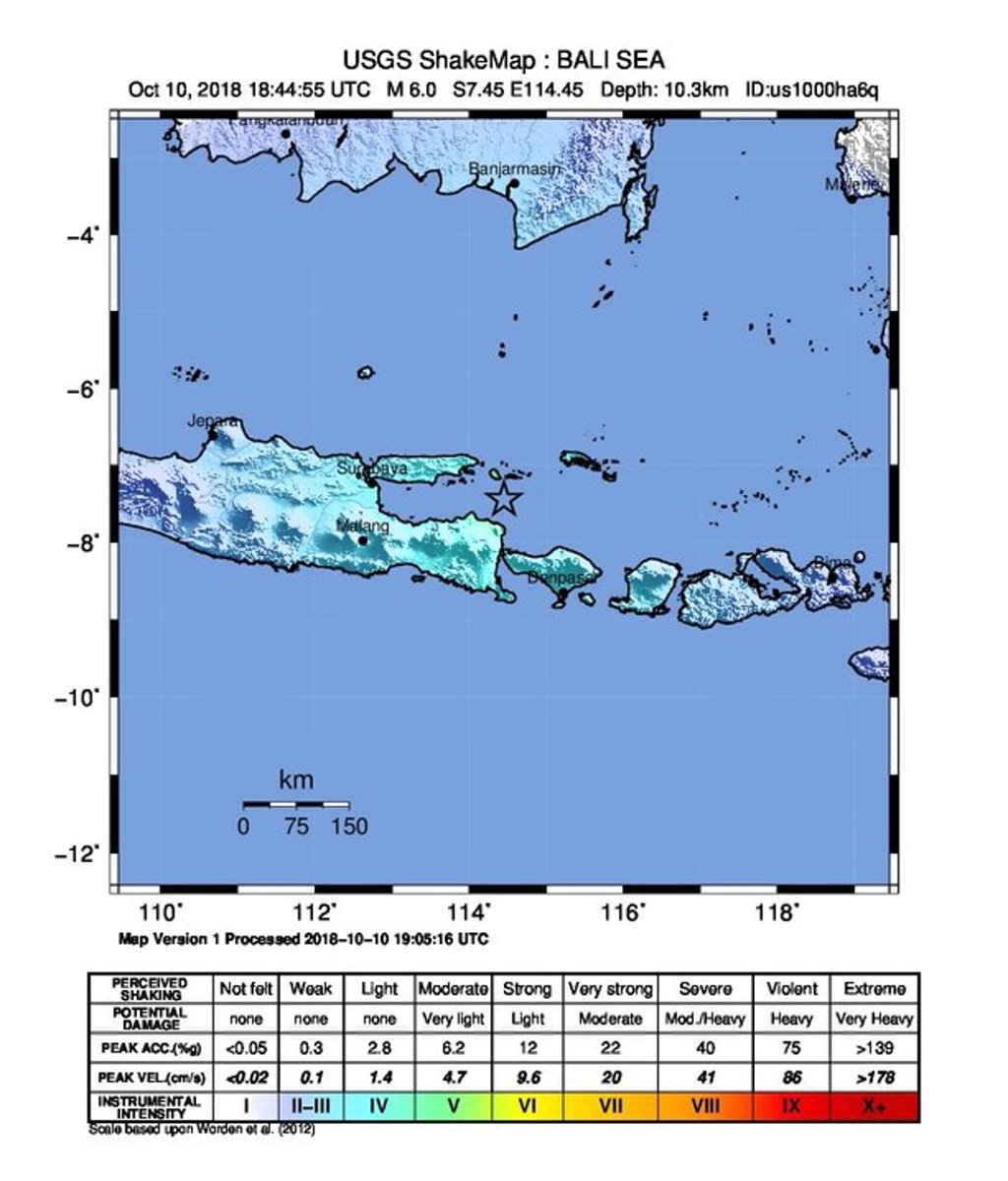 A handout photo made available by the US Geological Survey (USGS) shows This ‘shakemap’ shows the epicentre of the magnitude-6 earthquake that occurred near Sumberanyar, Indonesia, on Thursday. Photo: USGS/EPA-EFE