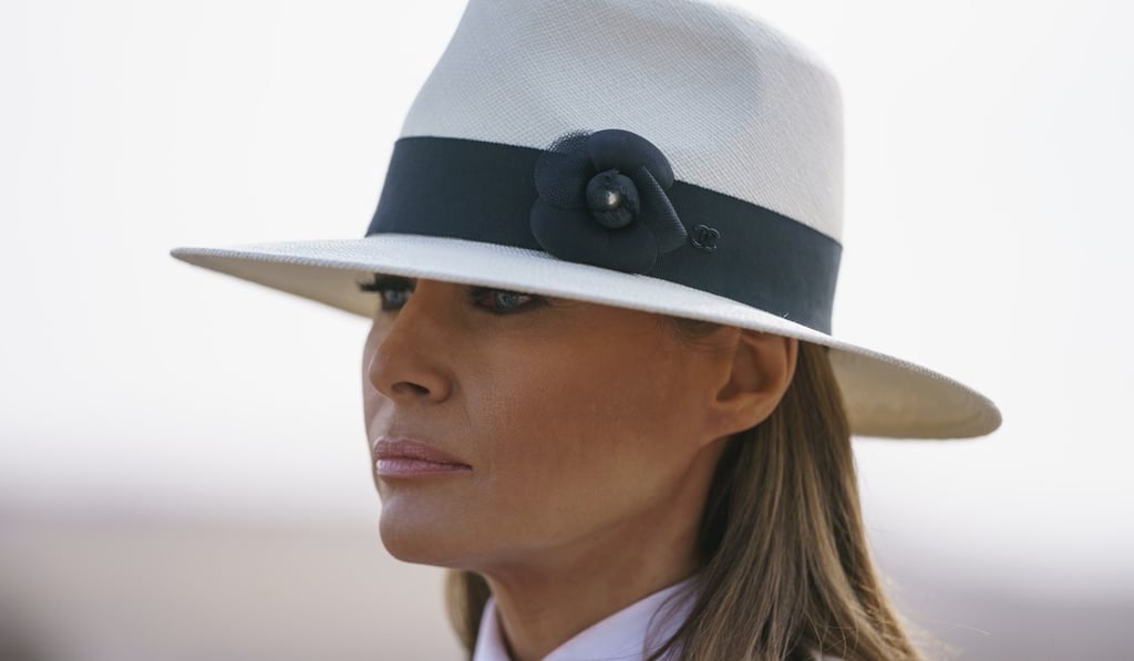 First lady Melania Trump pauses as she speaks to media during a visit to the historical Giza Pyramids site near Cairo, Egypt. Photo: AP Photo