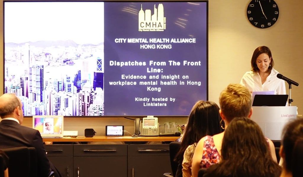 Olivia Parker speaks at a City Mental Health Alliance, Hong Kong, event.
