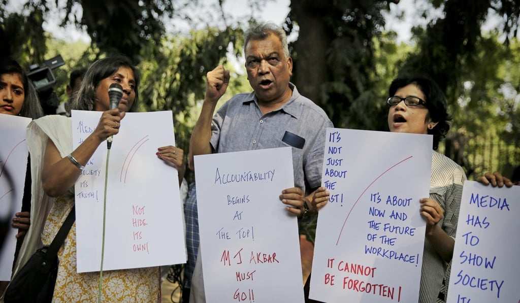 Indian protesters demand the removal of junior external affairs minister M.J. Akbar in New Delhi. Photo: AP