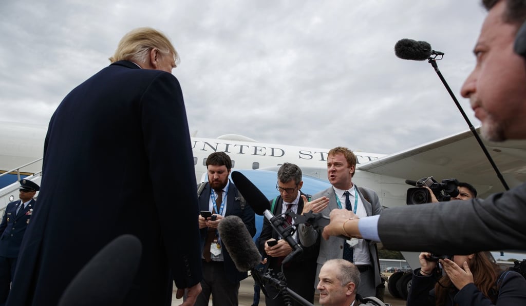 US President Donald Trump listening to a question about Khashoggi after landing at Cincinnati Municipal Lunken Airport on Friday. Photo: AP