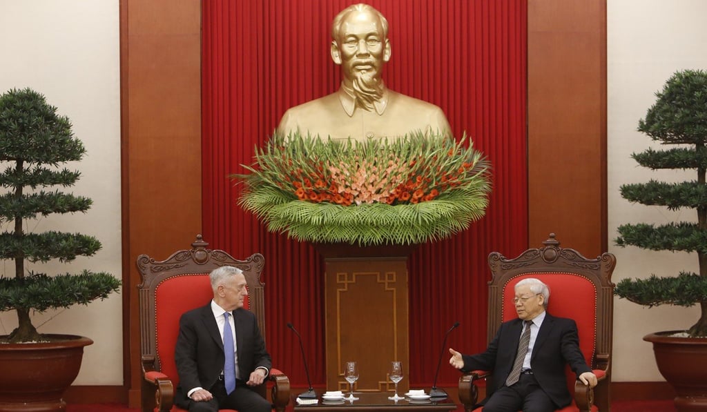 US. Secretary of Defense James Mattis listens during talks with Vietnam's Communist Party General Secretary Nguyen Phu Trong in Hanoi on his first visit to Vietnam. Photo: AP