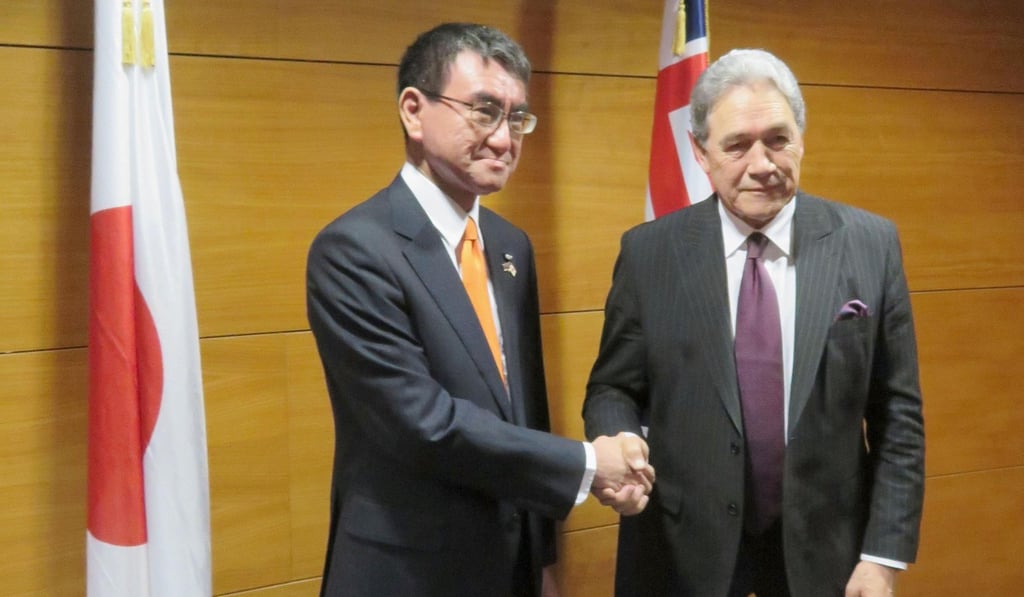 Japan's Foreign Minister Taro Kono and New Zealand counterpart Winston Peters have agreed to ramp upcooperation on regional security issues. Photo: Kyodo Japan's Foreign Minister Taro Kono and New Zealand counterpart Winston Peters have agreed to ramp upcooperation on regional security issues. Photo: Kyodo