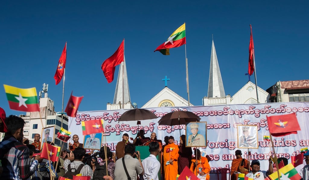 Buddhist monk Wirathu delivers a speech during a rally in Yangon to support the Myanmar military. Photo: AFP