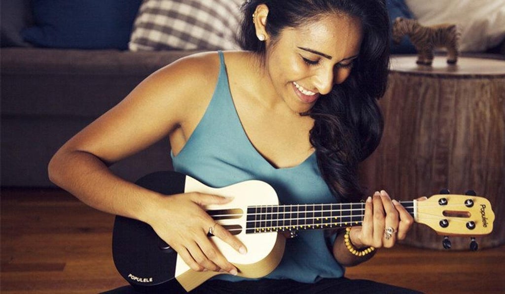 The Populele smart ukulele from Popuband Music, which promises that users will be strumming their first song within 15 minutes. The Populele smart ukulele from Popuband Music, which promises that users will be strumming their first song within 15 minutes.
