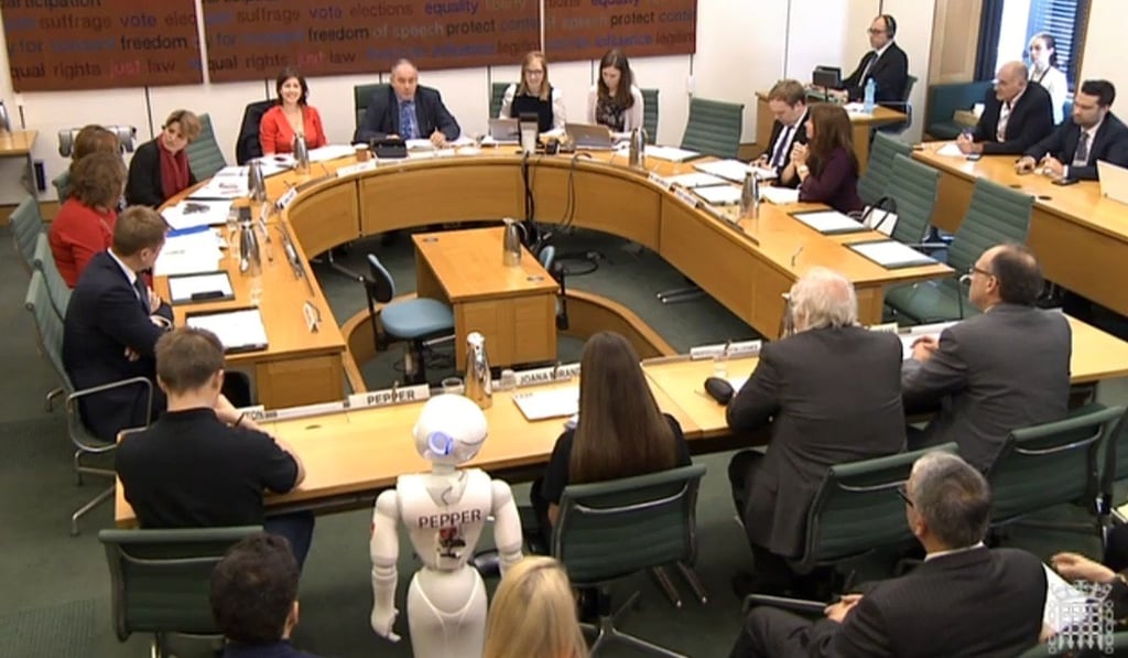 A video grab from footage of the robot Pepper at a UK education committee hearing in London on Tuesday. Photo: AFP/PRU A video grab from footage of the robot Pepper at a UK education committee hearing in London on Tuesday. Photo: AFP/PRU