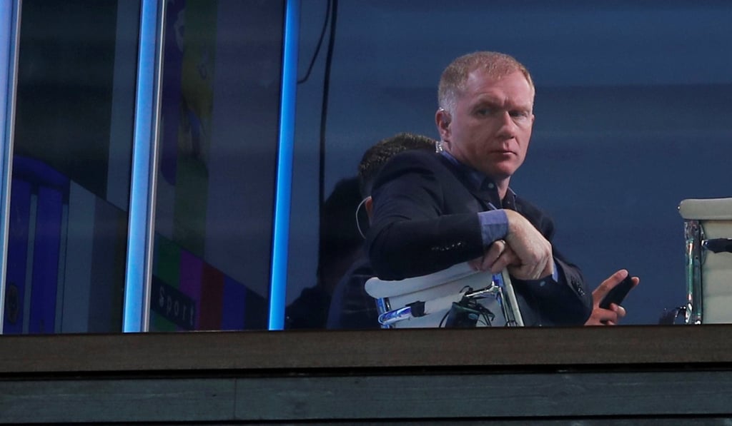 Paul Scholes looks down from the BT Sport television studio to the Old Trafford pitch before Manchester United’s home game against Newcastle. Photo: Reuters