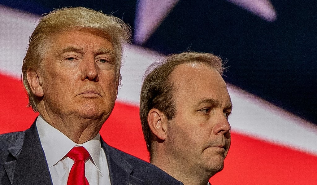 Donald Trump, left, and Rick Gates on stage at the Republican National Convention in July 2016 in Cleveland, Ohio. Photo: Zuma Press via TNS