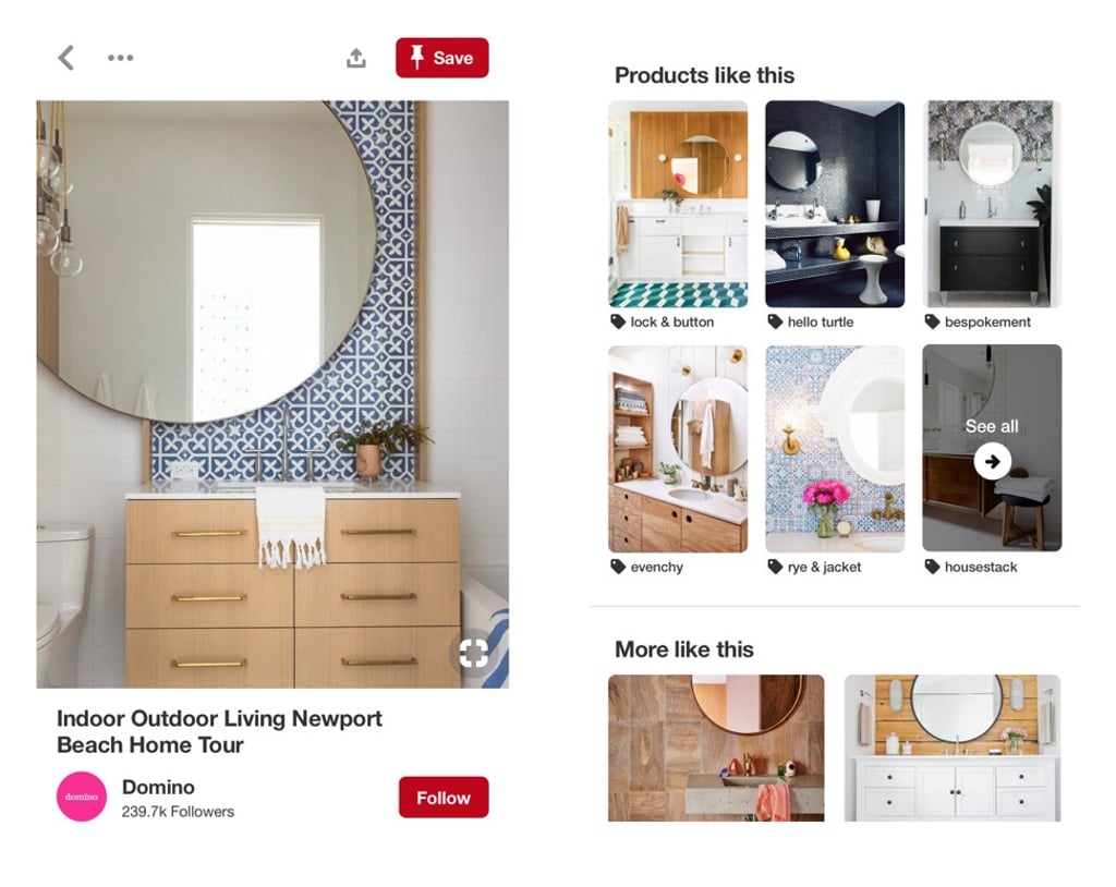 A new Pinterest ‘products like this’ search. The website is making more of its pins shoppable to increase profits. Photo: Pinterest via AP