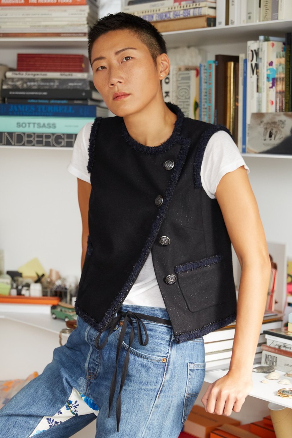 Sun wears jeans from RTH and a Chanel vest. Photo: Hedy Chang Sun wears jeans from RTH and a Chanel vest. Photo: Hedy Chang