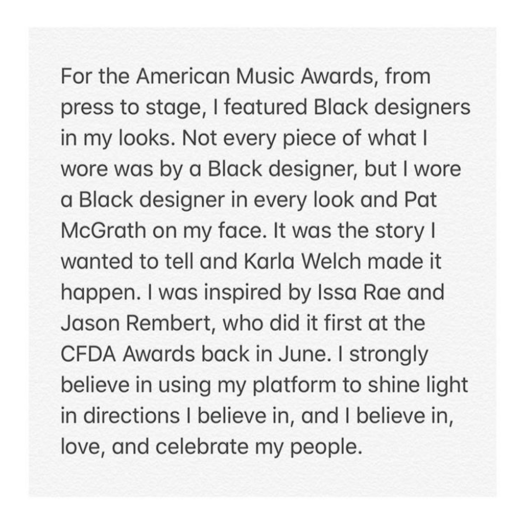 Tracee Ellis Ross wore 12 incredible outfits to the American Music Awards, each one featuring something made by a black designer. Picture: Instagram / @traceeellisross