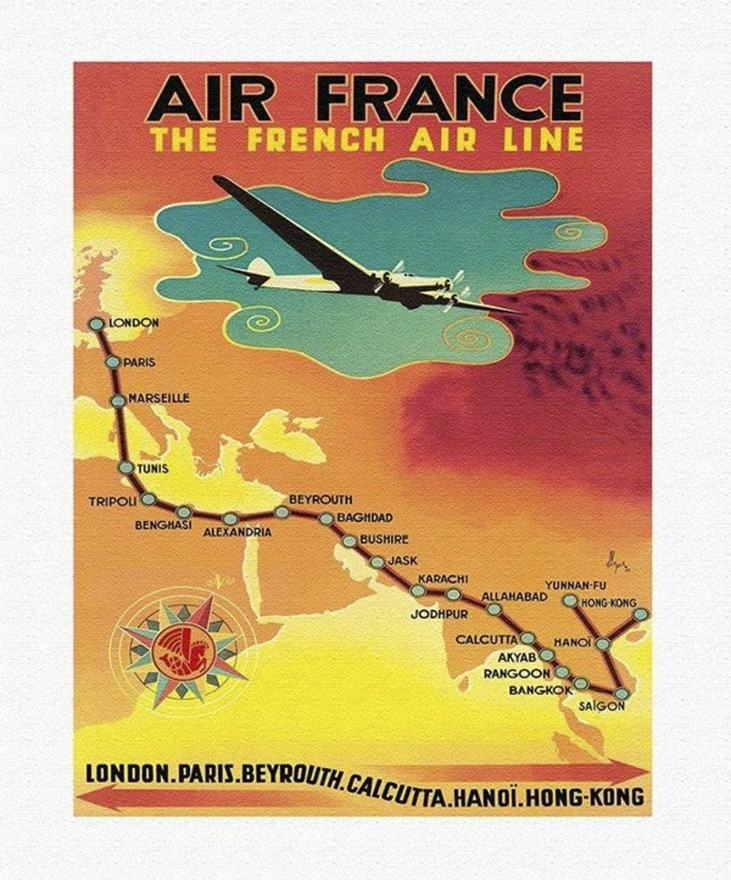 An Air France poster showing the route from London to Hong Kong, circa 1938.