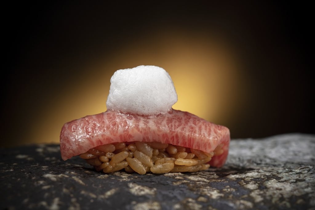Mori Tomoaki, from Sushi Mori Tomoaki, came up with fatty tuna marinated with tuna bone, soy sauce and bone marrow mousse.