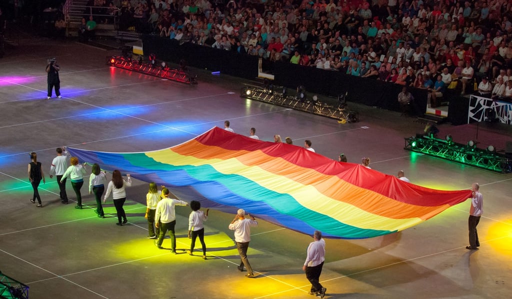 The Rainbow Flag is presented at the opening ceremony of the 2014 Gay Games at Quicken Loans Arena in Cleveland, Ohio, the US. Photo: Alamy The Rainbow Flag is presented at the opening ceremony of the 2014 Gay Games at Quicken Loans Arena in Cleveland, Ohio, the US. Photo: Alamy