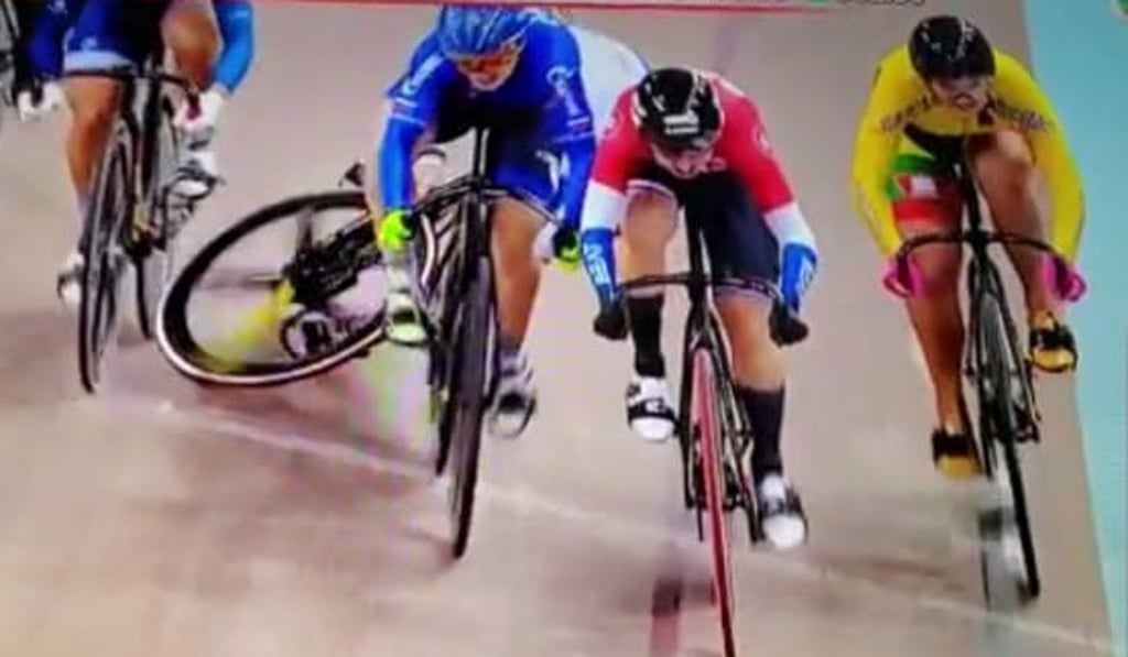 Belgium’s Nicky Degrendele goes down during the keirin final as Hong Kong’s Sarah Lee (left) tries to avoid her. Photo: Handout