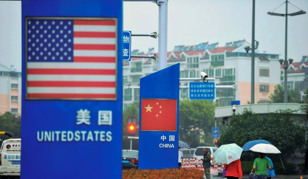 Signs outside a store selling foreign goods in Qingdao in China's eastern Shandong province. Photo: AFP