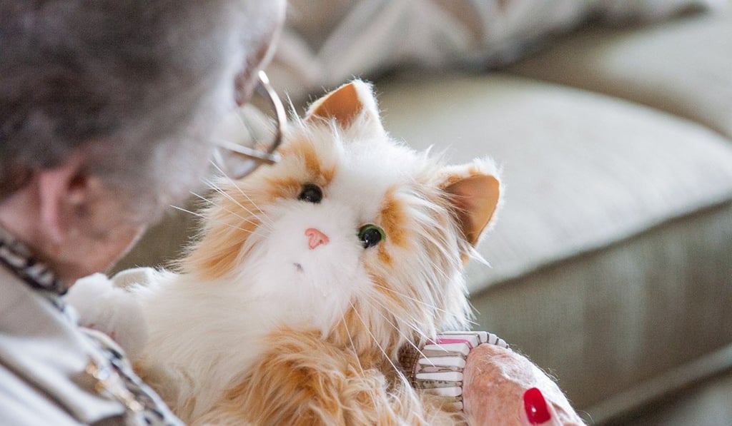 One of Hasbro’s Joy for All robotic cats, which can miaow, purr, blink their eyes and roll over for a tummy scratch