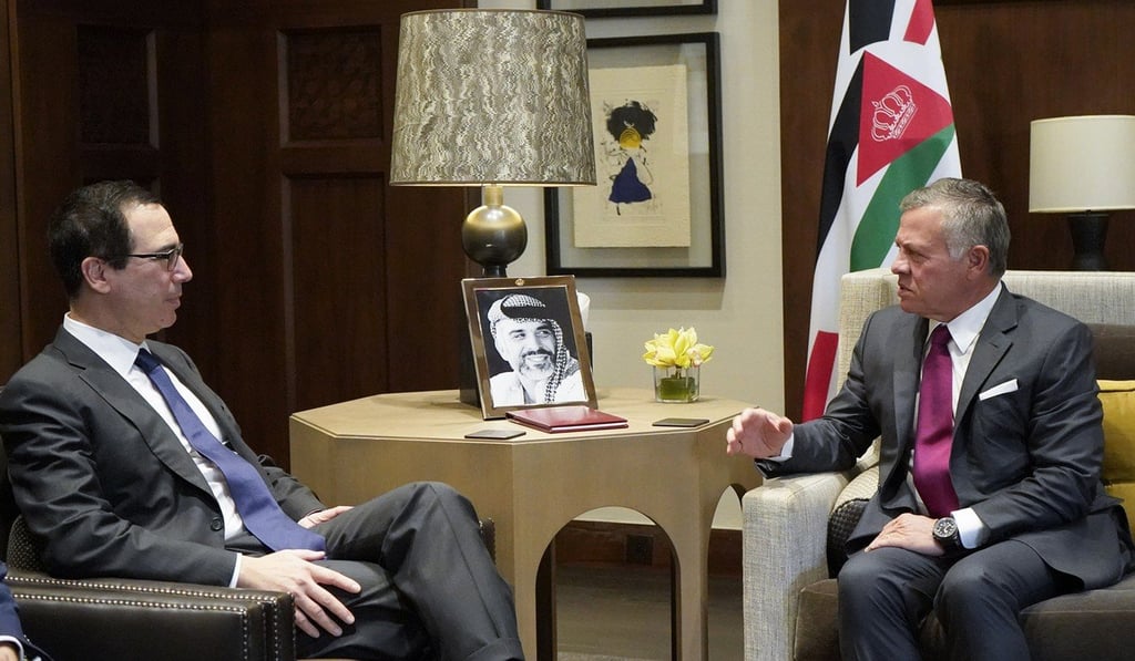 A handout picture made available by the Jordanian Royal Palace on October 22 shows Jordanian King Abdullah II (right) meeting with US Secretary of the Treasury Steven Mnuchin in the Jordanian capital Amman. The meeting was well publicised by Mnuchin and the US Treasury Department. His meeting with Saudi Arabia’s Crown Prince Mohammed bin Salman on Monday was not. Photo: AFP A handout picture made available by the Jordanian Royal Palace on October 22 shows Jordanian King Abdullah II (right) meeting with US Secretary of the Treasury Steven Mnuchin in the Jordanian capital Amman. The meeting was well publicised by Mnuchin and the US Treasury Department. His meeting with Saudi Arabia’s Crown Prince Mohammed bin Salman on Monday was not. Photo: AFP