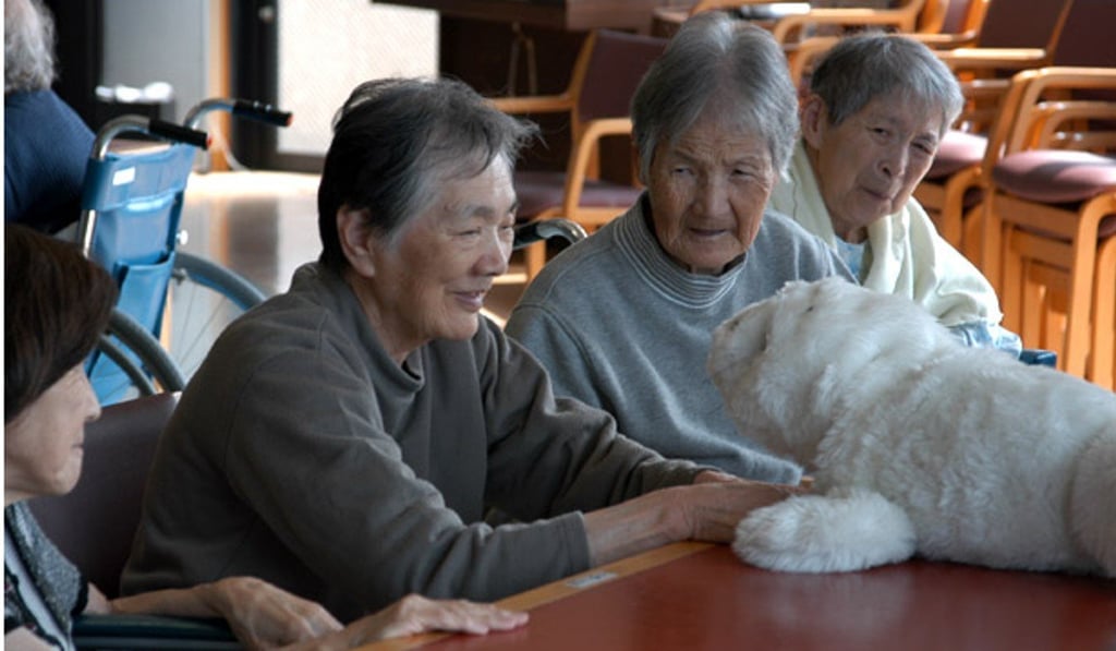 Paro, a robotic white seal covered with soft artificial fur to encourage people touch it, features sensors so that it can perceive people and feel being stroked.