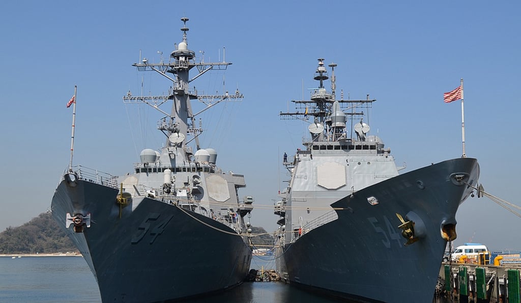 Two US warships, the USS Curtis Wilbur and USS Antietam, pull into port in Jeju after sailing through the Taiwan Strait, were they were shadowed by multiple Chinese navy vessels. Photo: US Navy