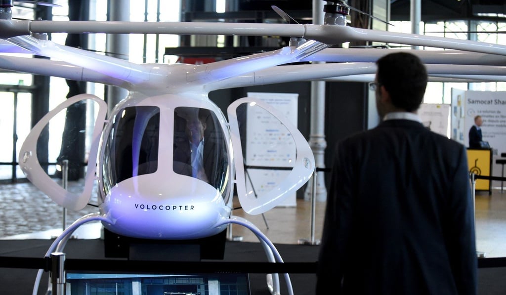 Volocopter’s electric air taxis take off and land vertically. They are based on drone technology and can fly two people for around 30km. Photo: AFP