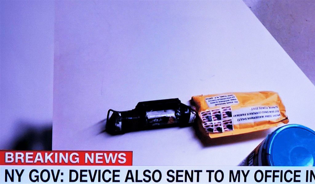 The apparent pipe bomb that was sent to CNN's office in New York. Photo: CNN