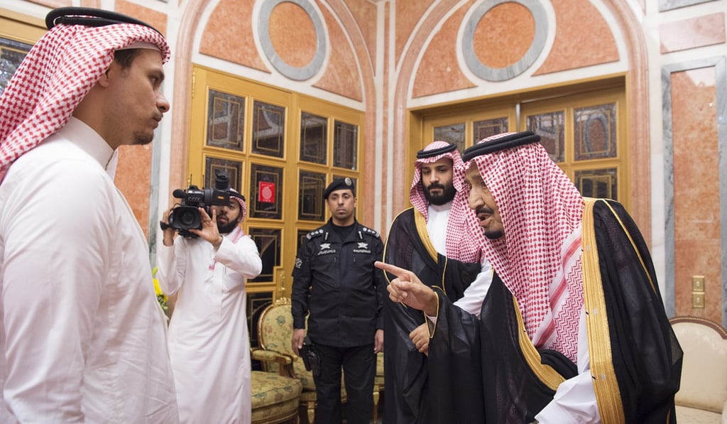 A photo made available by the Saudi Royal Palace shows Salah bin Jamal Khashoggi (left), son of murdered Saudi journalist Jamal Khashoggi, meeting with Saudi King Salman (right) and Crown Prince Mohammed bin Salman (second right) in Riyadh on Tuesday. Photo: EPA A photo made available by the Saudi Royal Palace shows Salah bin Jamal Khashoggi (left), son of murdered Saudi journalist Jamal Khashoggi, meeting with Saudi King Salman (right) and Crown Prince Mohammed bin Salman (second right) in Riyadh on Tuesday. Photo: EPA