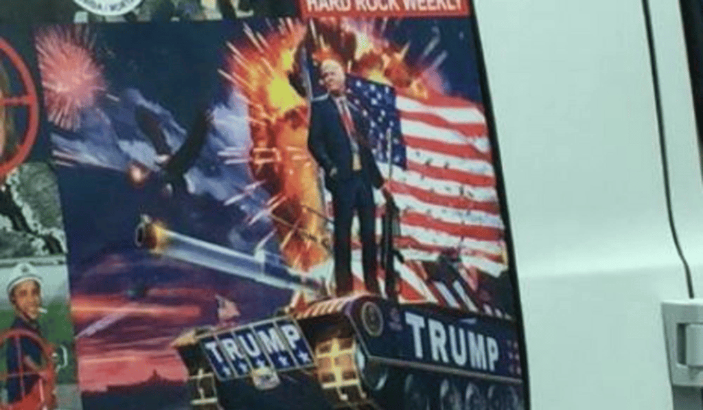 A sticker on Cesar Sayoc's van depicts Donald Trump riding a tank. Photo: Twitter A sticker on Cesar Sayoc's van depicts Donald Trump riding a tank. Photo: Twitter