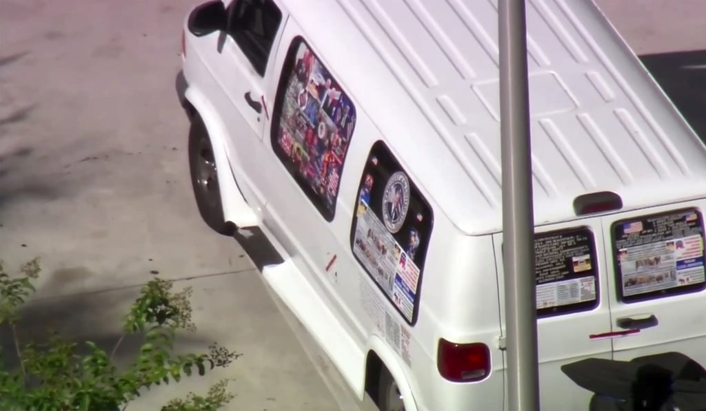 This frame grab from video provided by WPLG-TV shows a van parked in Plantation, Florida, on Friday that federal agents and police officers seized in connection with a wave of pipe bombs. The van is plastered with photos and stickers of US President Donald Trump, according to local media. Photo: WPLG-TV via AP This frame grab from video provided by WPLG-TV shows a van parked in Plantation, Florida, on Friday that federal agents and police officers seized in connection with a wave of pipe bombs. The van is plastered with photos and stickers of US President Donald Trump, according to local media. Photo: WPLG-TV via AP