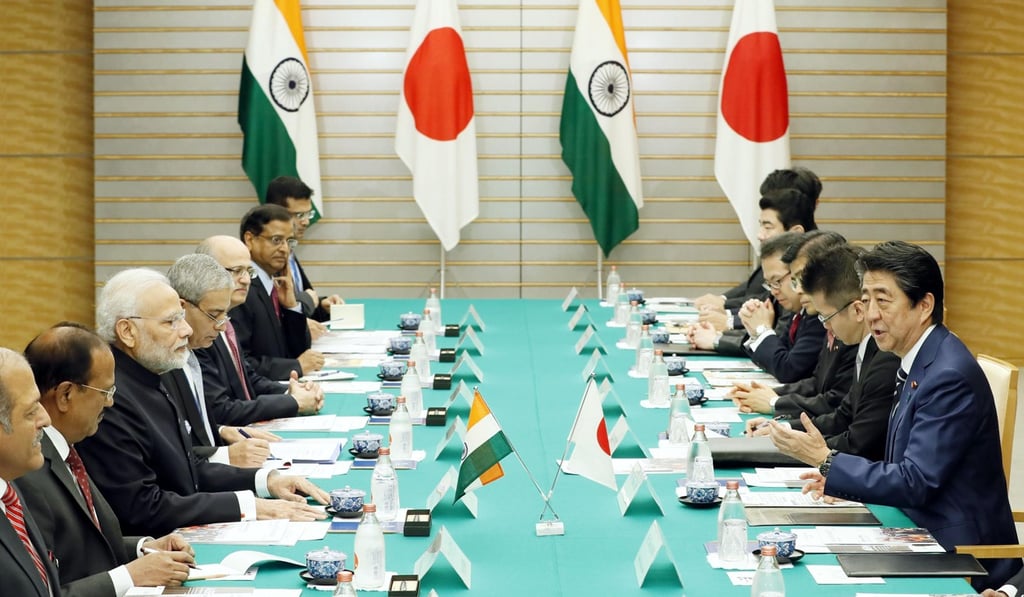 Japanese Prime Minister Shinzo Abe and his Indian counterpart Narendra Modi hold talks in Tokyo, Japan. Photo: Kyodo Japanese Prime Minister Shinzo Abe and his Indian counterpart Narendra Modi hold talks in Tokyo, Japan. Photo: Kyodo