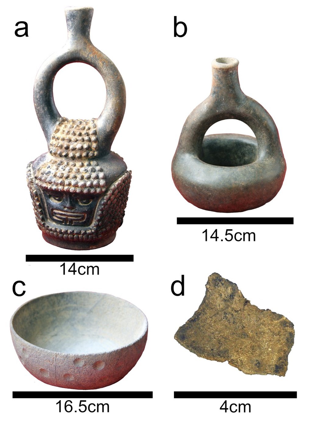 Artefacts from the Santa Ana-La Florida archaeological site in southeast Ecuador. A and B are stirrup spout bottles used to hold drinks. C is a stone bowl – similar bowls are still used today to serve beer. D is a shard of a pottery vessel. Photo: Francisco Valdez, Claire Lanaud via AP Artefacts from the Santa Ana-La Florida archaeological site in southeast Ecuador. A and B are stirrup spout bottles used to hold drinks. C is a stone bowl – similar bowls are still used today to serve beer. D is a shard of a pottery vessel. Photo: Francisco Valdez, Claire Lanaud via AP