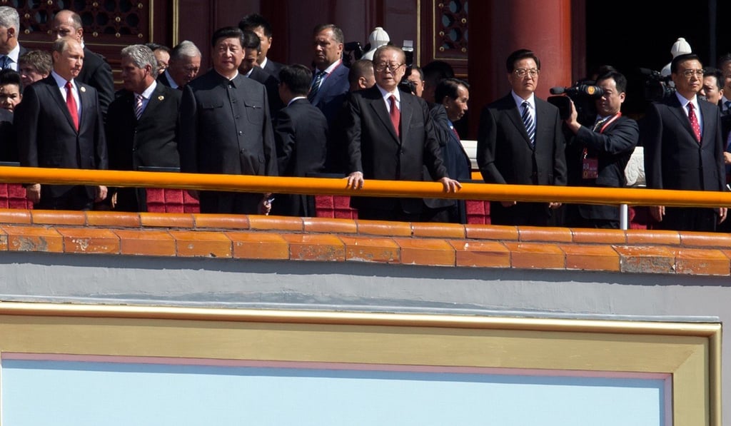 (From left) Russian President Vladimir Putin, Chinese President Xi Jinping, former Chinese presidents Jiang Zemin and Hu Jintao, and Chinese Premier Li Keqiang arrive at Tiananmen Gate, Beijing, to watch the military parade in 2015. Photo: AFP
