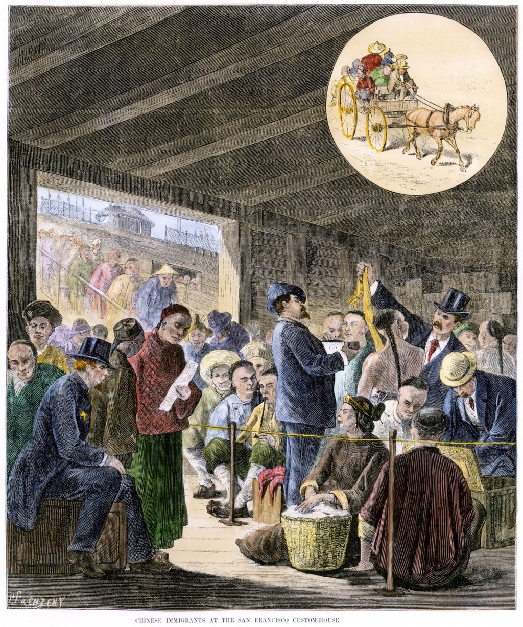 Chinese immigrants at the San Francisco customs house in the 1870s as depicted in a hand-coloured woodcut. Photo: Alamy