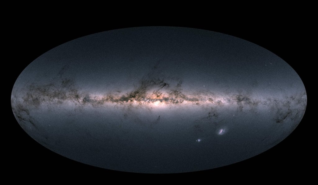 This photograph taken on April 2 by the European Space Agency shows the Gaia satellite’s all-sky view of our Milky Way galaxy and neighbouring galaxies, based on measurements of nearly 1.7 billion stars. Photo: Agence France-Presse
