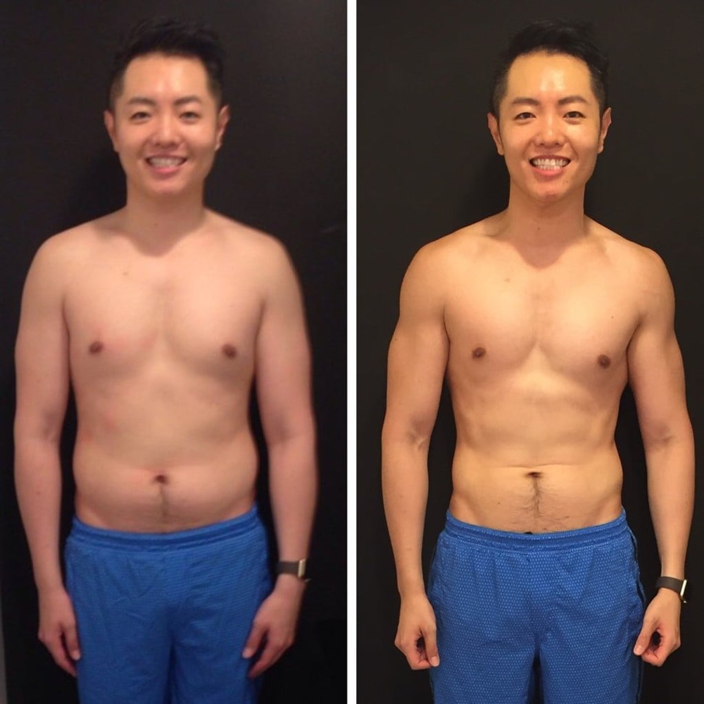 Before-and-after photos of Watson Chao, a personal training client.