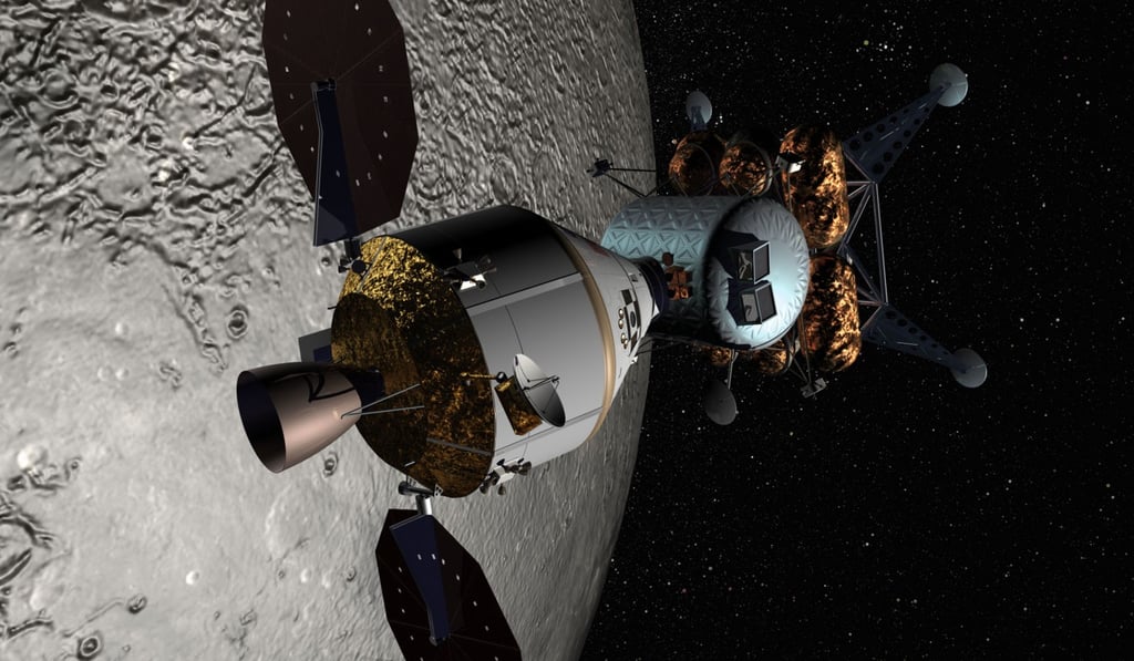 A Lockheed Martin artist’s rendition of the Orion craft docking with a lunar lander in orbit around the moon. Photo: AP