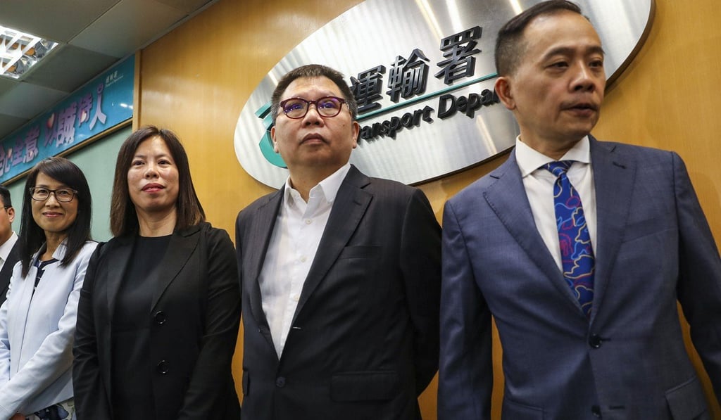 Macella Lee Sui-chun (second from left), deputy commissioner for transport, pictured with bus industry representatives at a press conference announcing new measures for shuttle bus services at the Hong Kong-Zhuhai-Macau Bridge Hong Kong port. Photo: Winson Wong