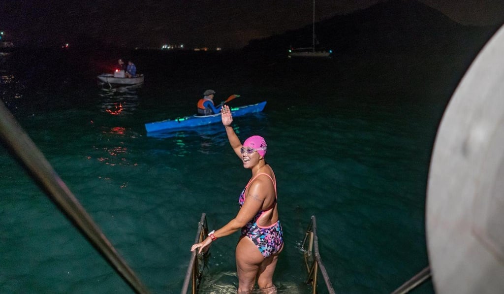 Edie Hu embarks on the 45km swim at the Sai Wan Swimming Shed near Kennedy Town. Edie Hu embarks on the 45km swim at the Sai Wan Swimming Shed near Kennedy Town.