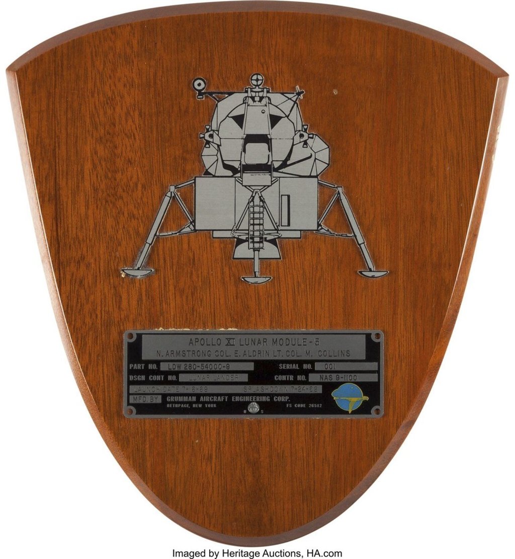 Neil Armstrong’s spacecraft ID plate from Apollo 11’s lunar module Eagle. Photo: AP