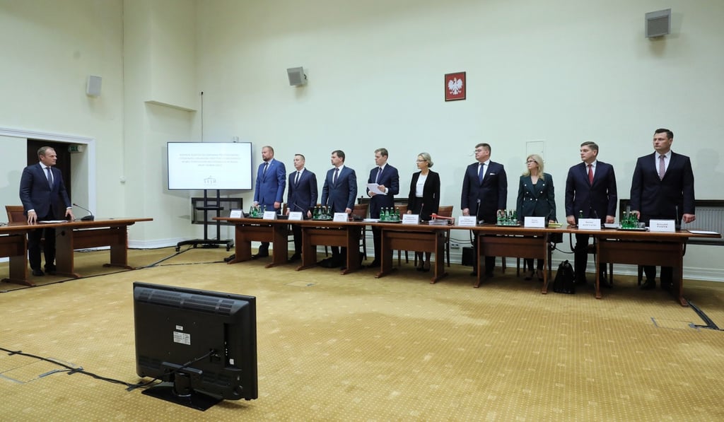 Tusk (far left) at the hearing. Photo: EPA