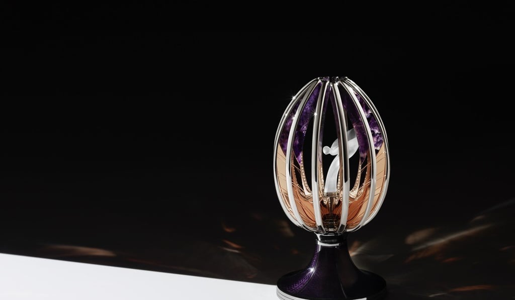 The ‘Spirit of Ecstasy’ Fabergé egg is set with 10 carats of diamonds and 390 carats of amethyst. The ‘Spirit of Ecstasy’ Fabergé egg is set with 10 carats of diamonds and 390 carats of amethyst.