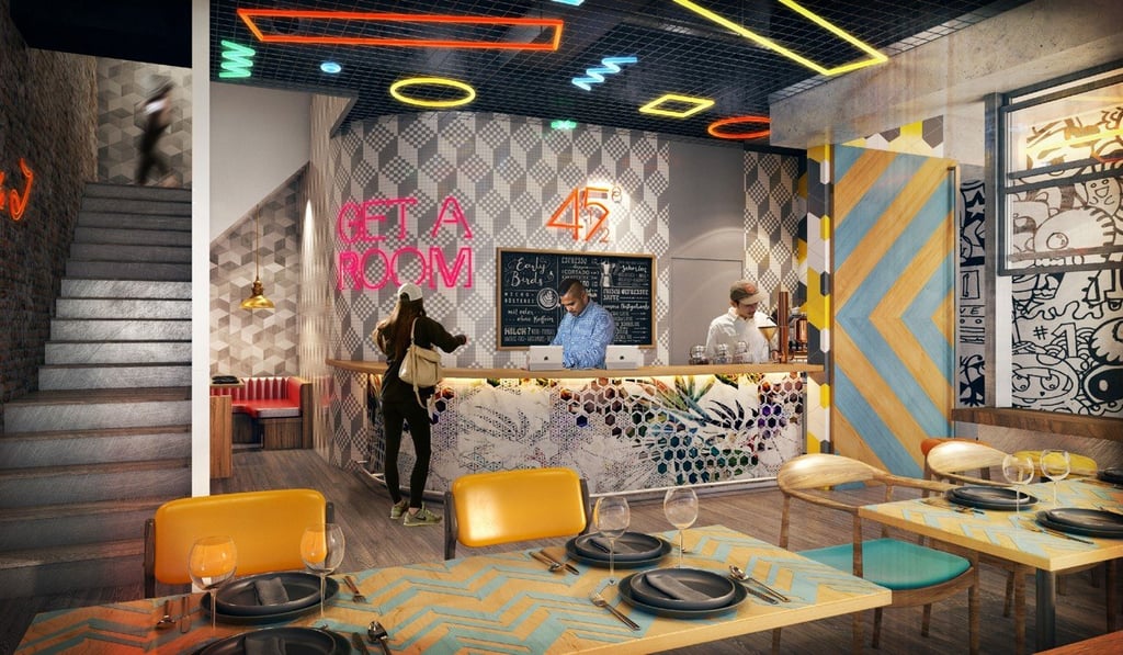 Rendering of the lobby of new Hong Kong hotel Mojo Nomad Central. McIlduff can give tours through the hotel using VR.