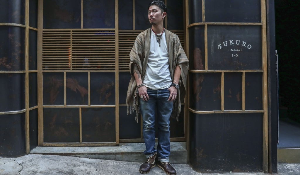 Chef Shun wearing denim and shoes by Visvim, and a T-shirt designed by Fukuro and a poncho his own design. Photo: Jonathan Wong